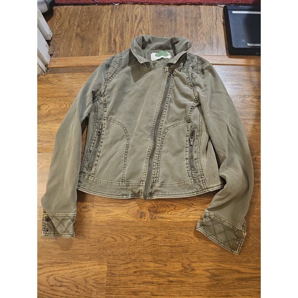 Anthropologie Moto Jacket Women’s Small Olive Green Canvas Biker Retro Full Zip
